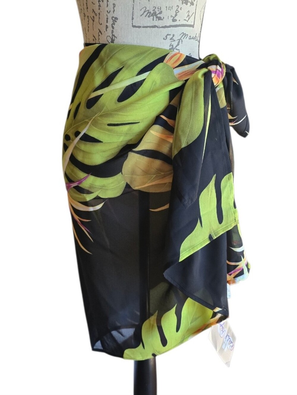 Diva By Rachel Pappo Black Green Tropical Print Sarong Wrap Scarf